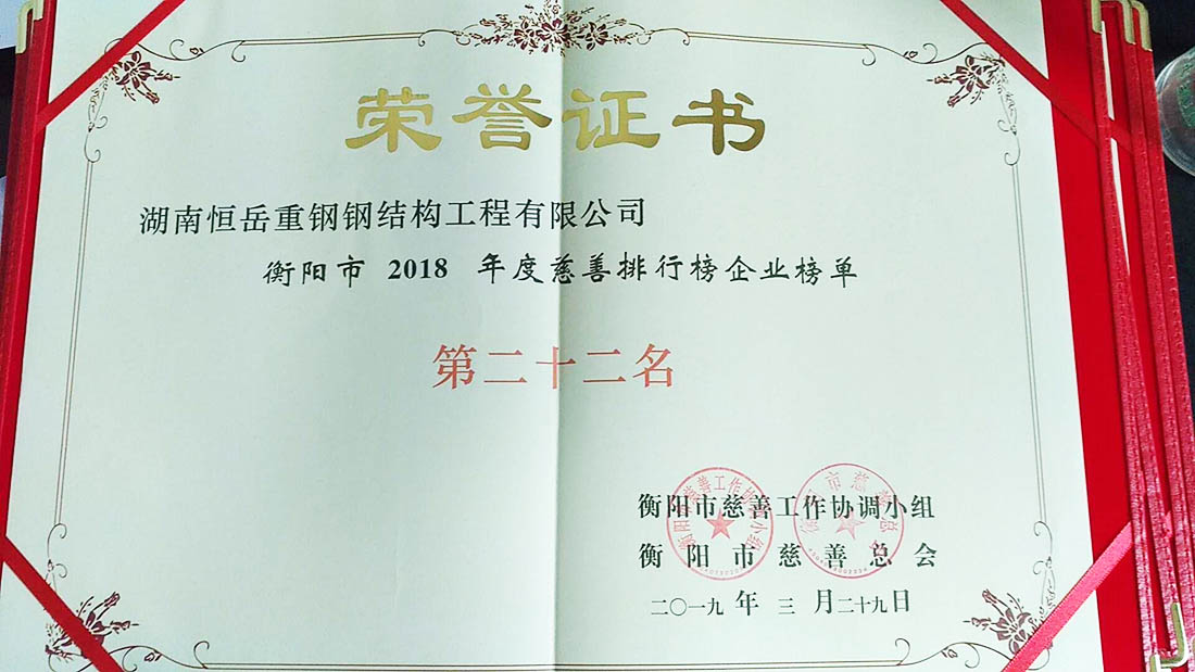 2018年衡阳慈善企业荣誉证书